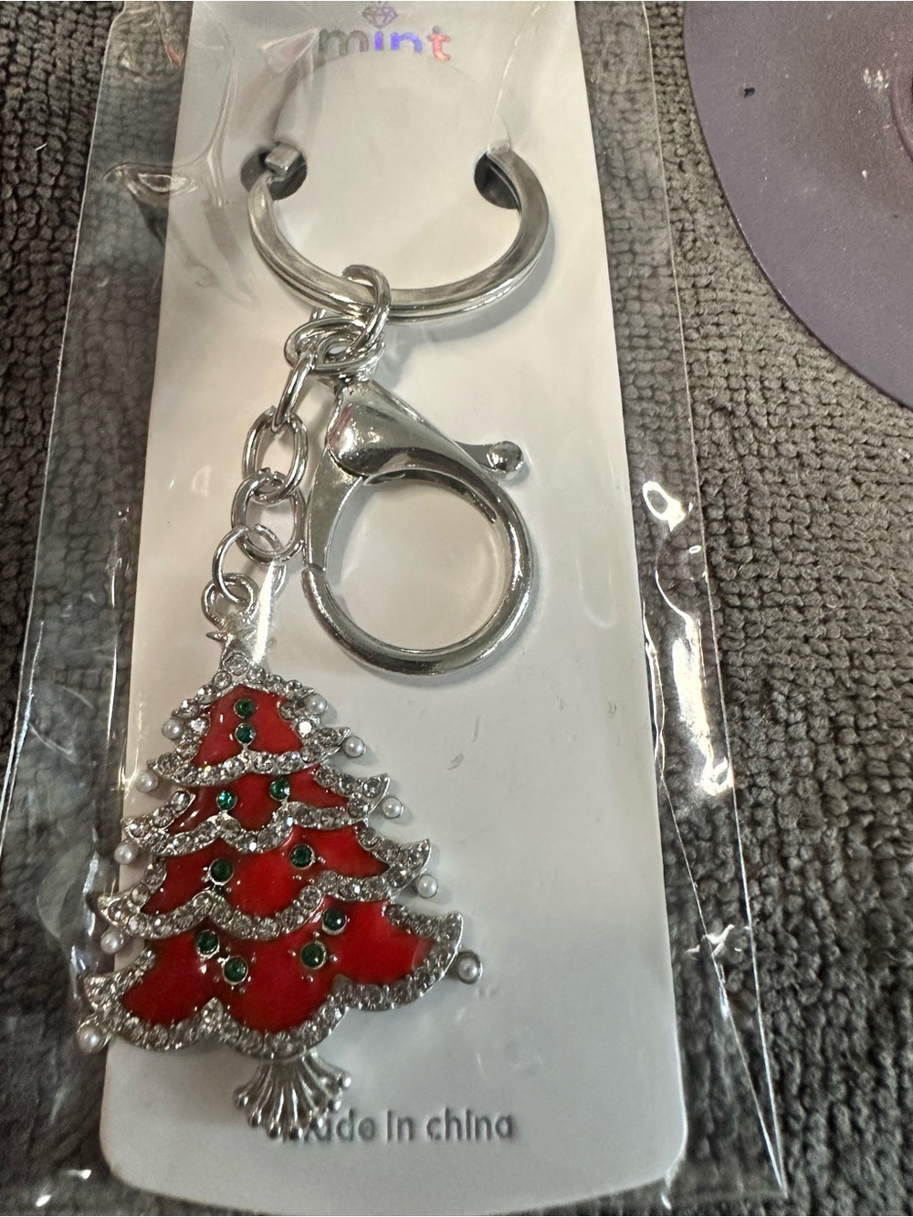 Mint Red and Green Rhinestone Christmas Tree Keychain